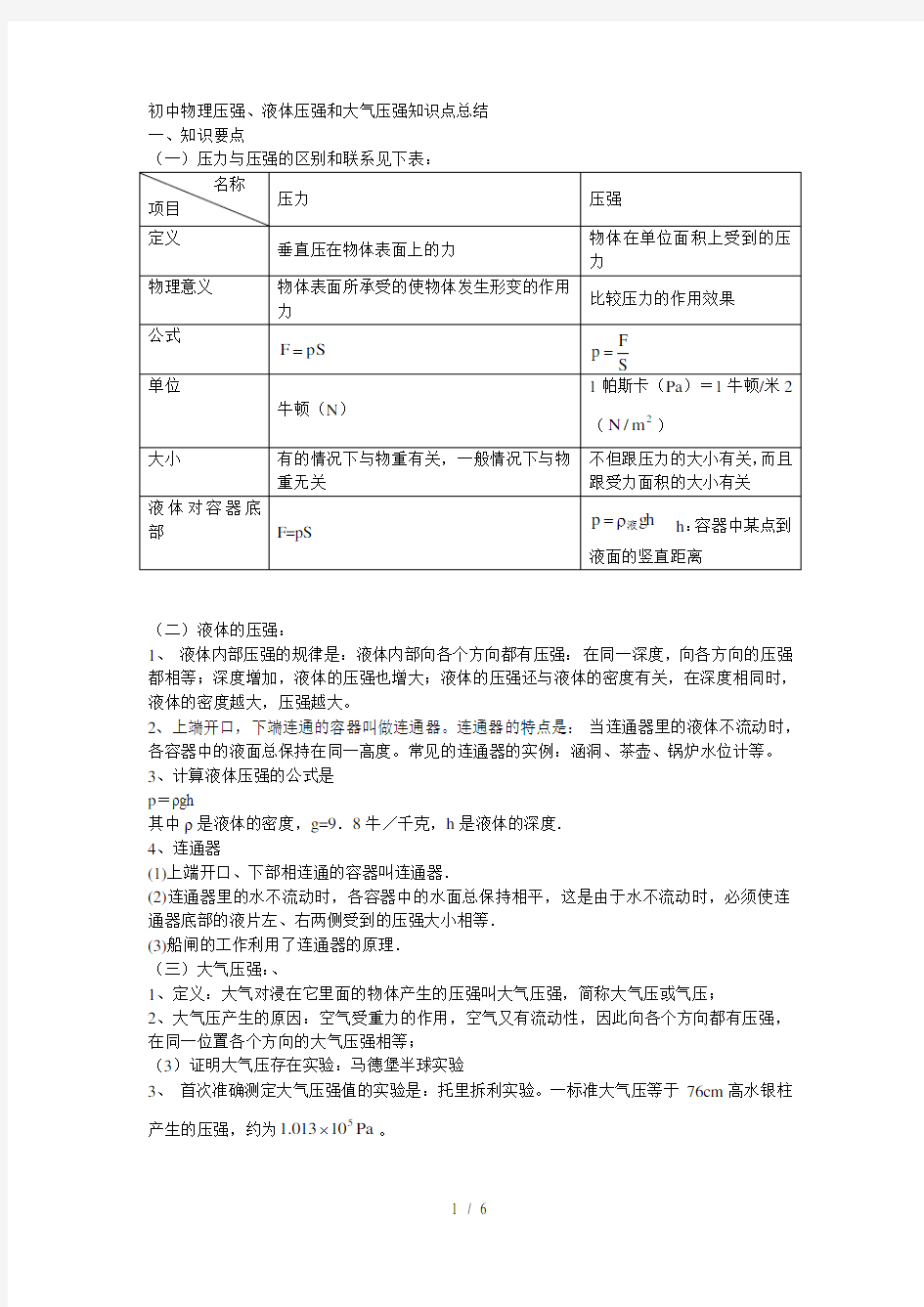 初中物理压强液体压强和大气压强知识点总结