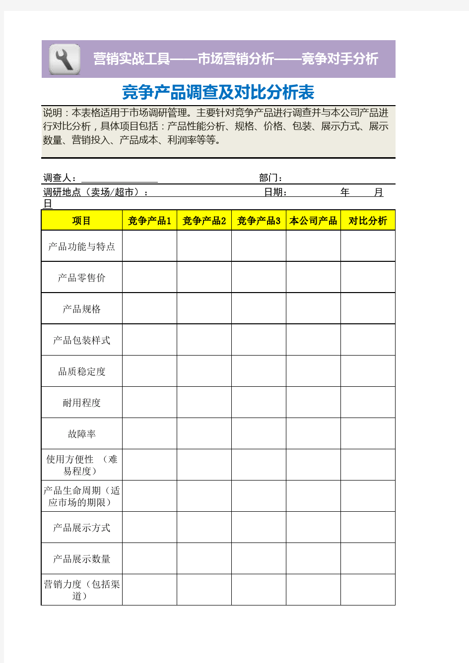 Excel表格模板：竞争产品调查及对比分析表