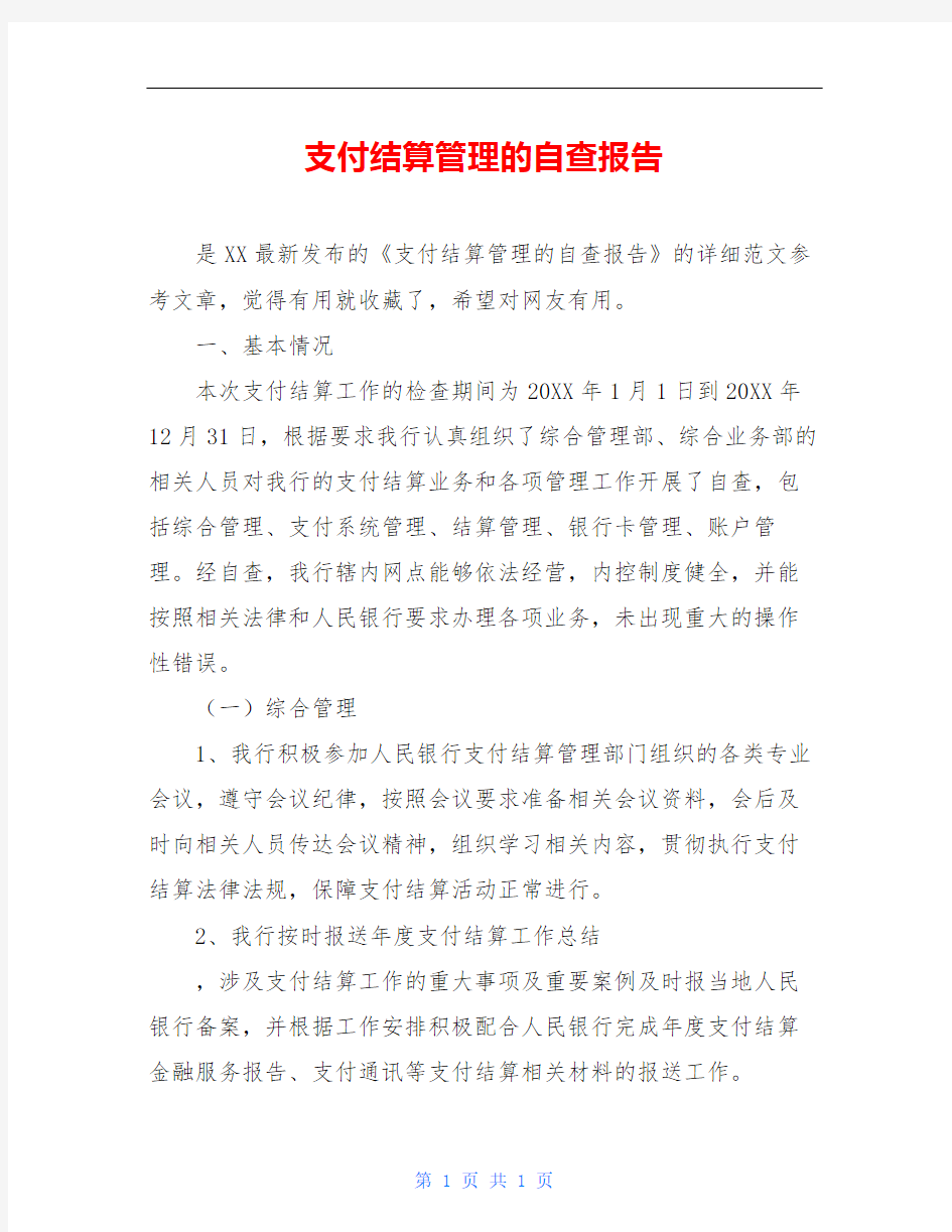 支付结算管理的自查报告