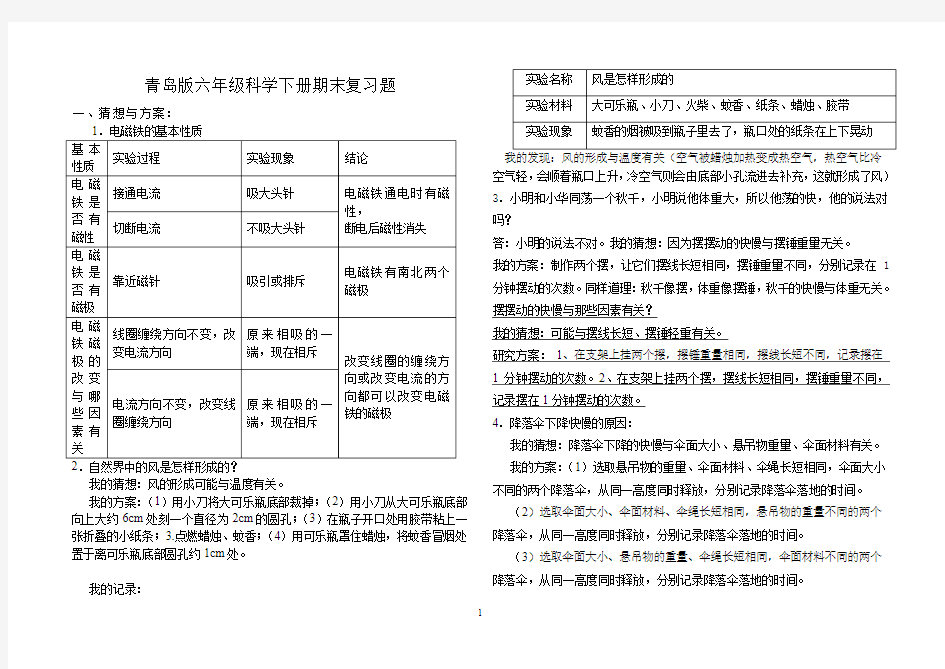 青岛版六年级科学下册期末复习题