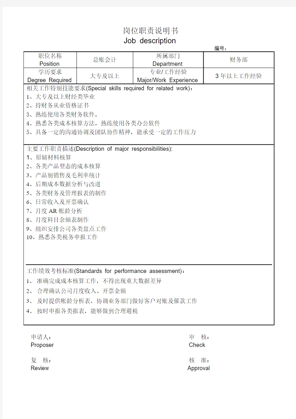 总账会计岗位职责说明书