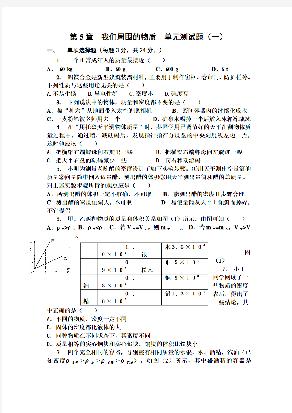 2015-2016学年度粤沪版八年级物理上册第5章《我们周围的物质》单元测试题(含答案)