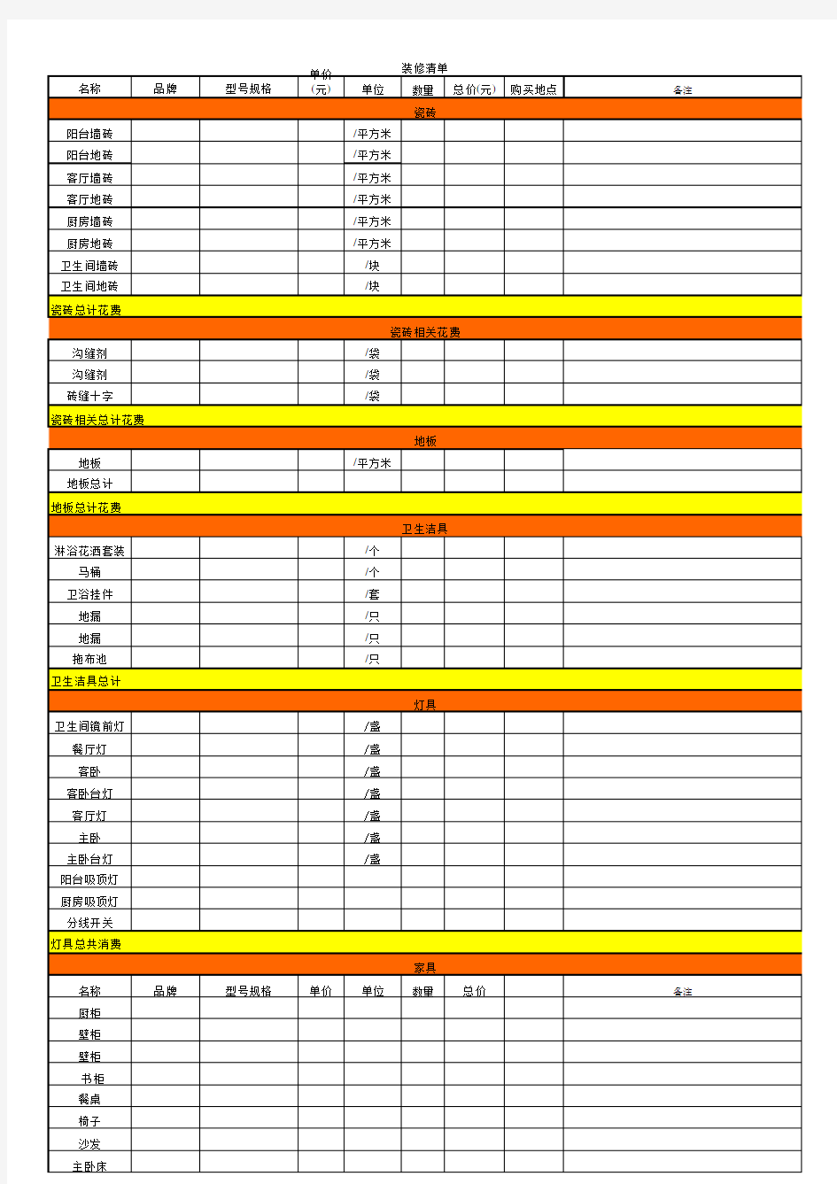 装修材料采购清单(空白)