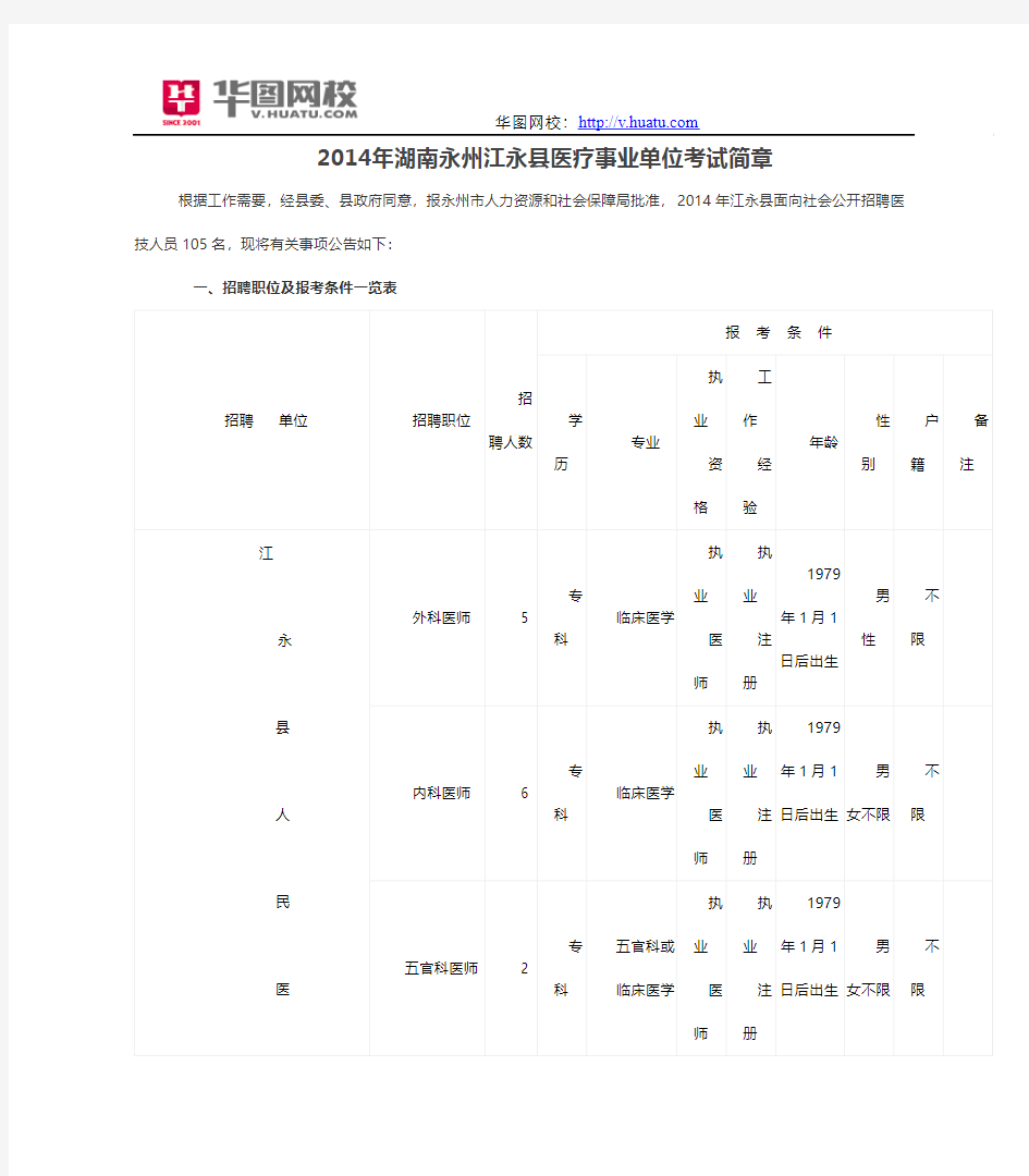 2014年湖南永州江永县医疗事业单位考试简章