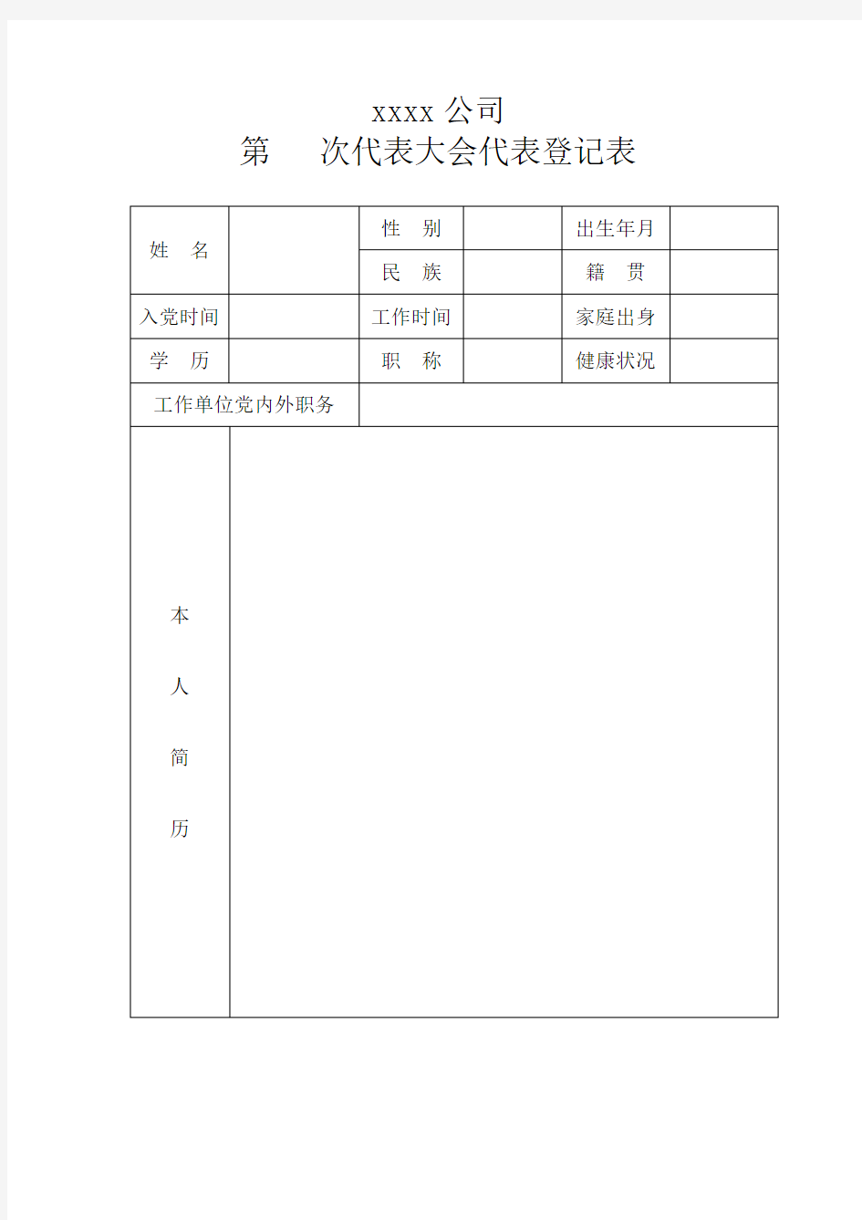 代表大会代表登记表