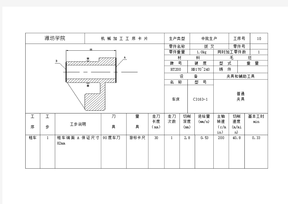 拨叉831005机械加工工序卡片