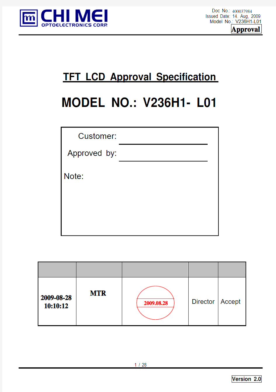 TFT-LCD Approval Specification V236H1-L01 ver 2.0