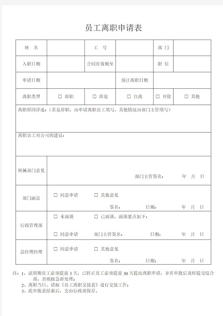 员工离职申请表