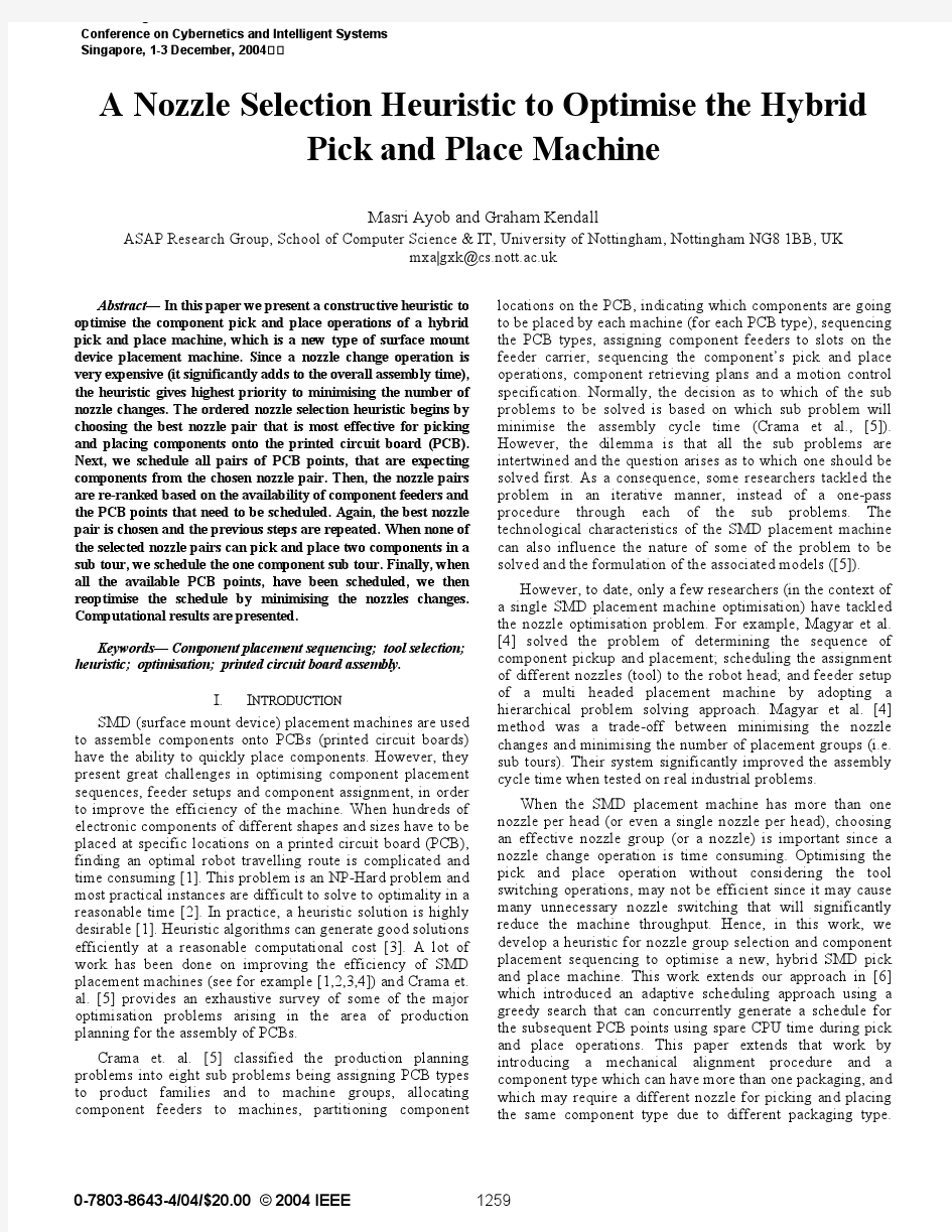 A nozzle selection heuristic to optimise the hybrid pick and place machine