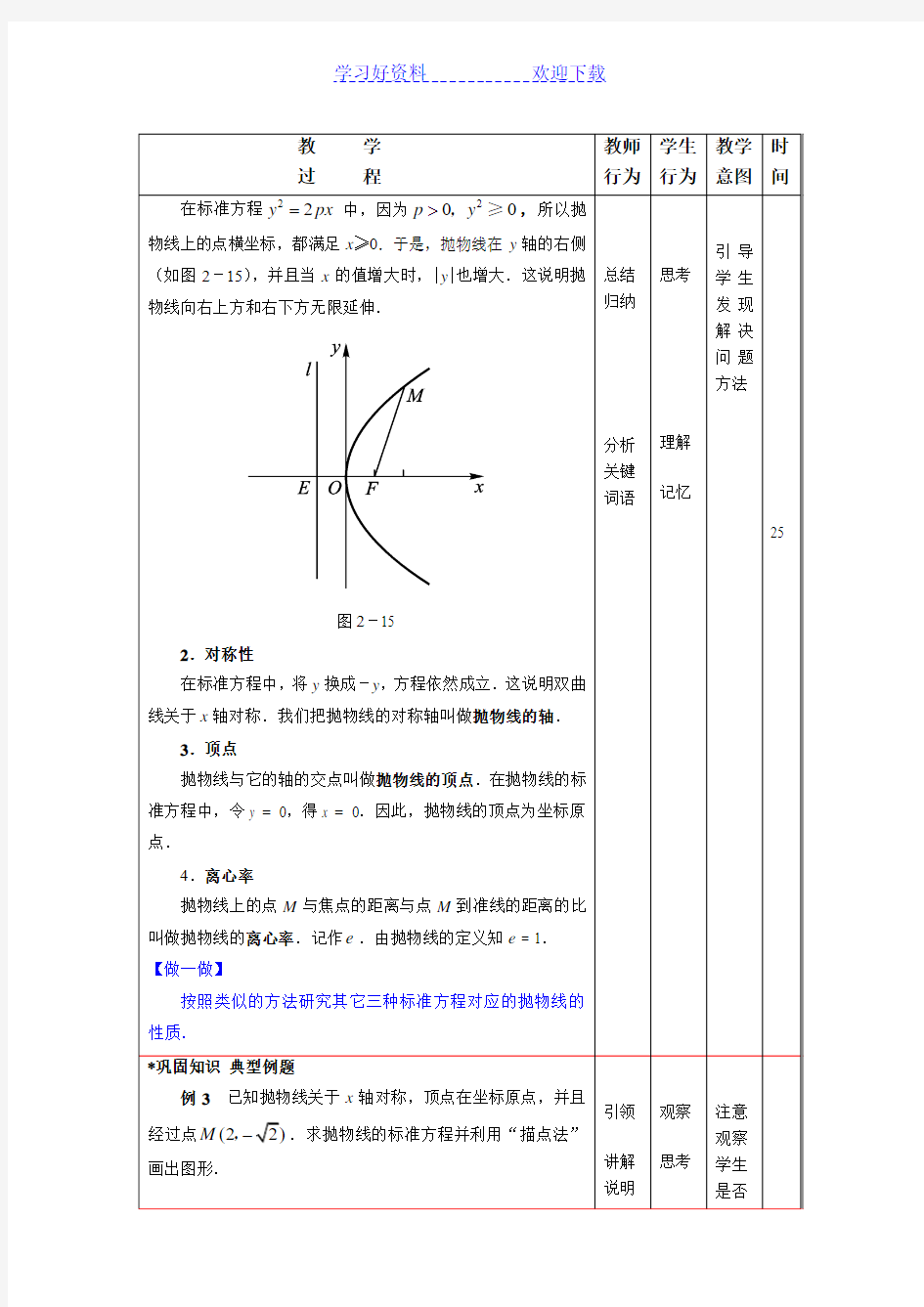 中职数学(高教版)拓展模块教学设计抛物线(二)
