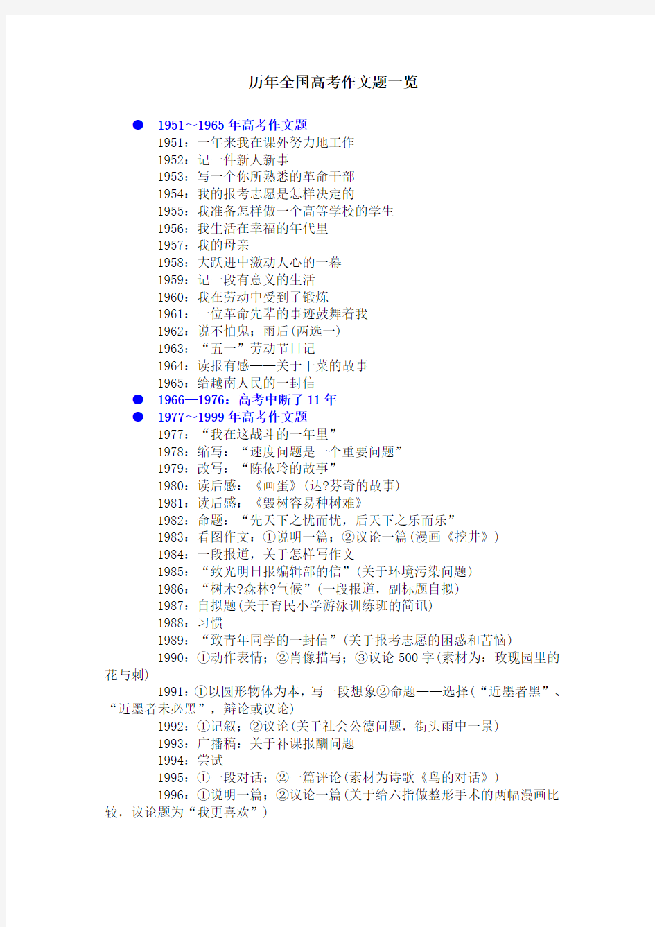 历年全国高考作文题一览