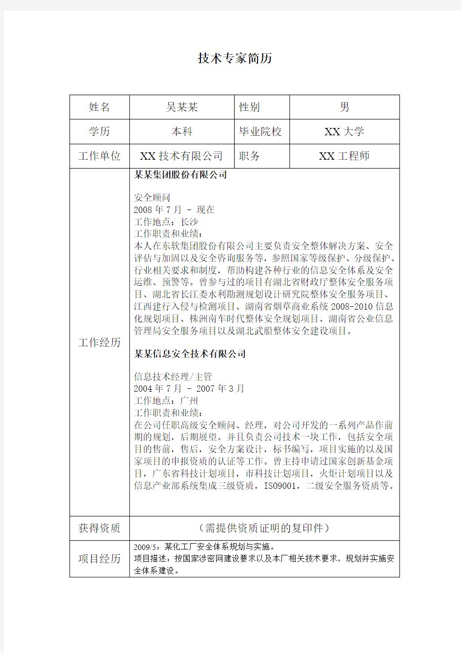 技术专家工程师个人简历模板