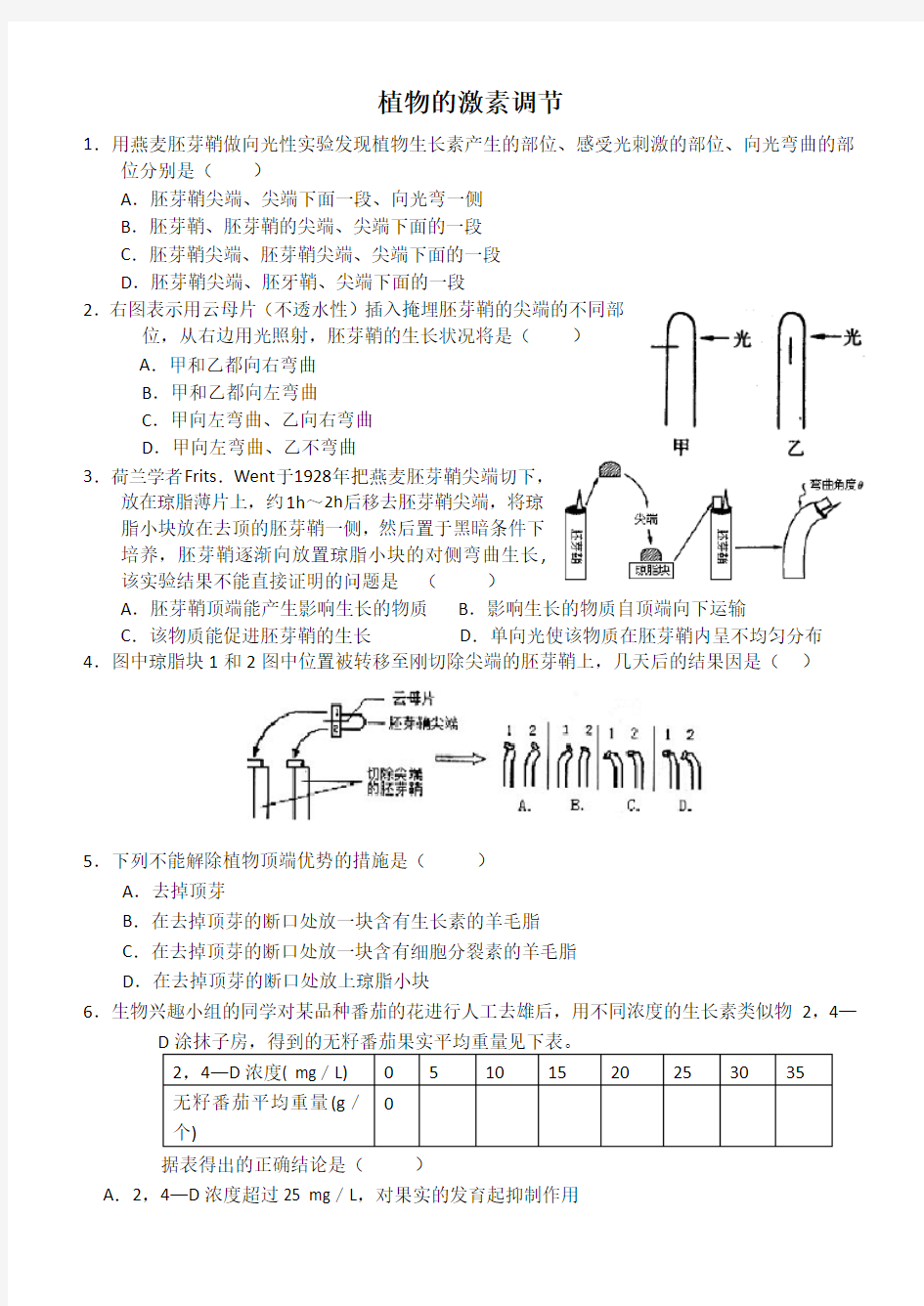 高二生物植物的激素调节练习题 2