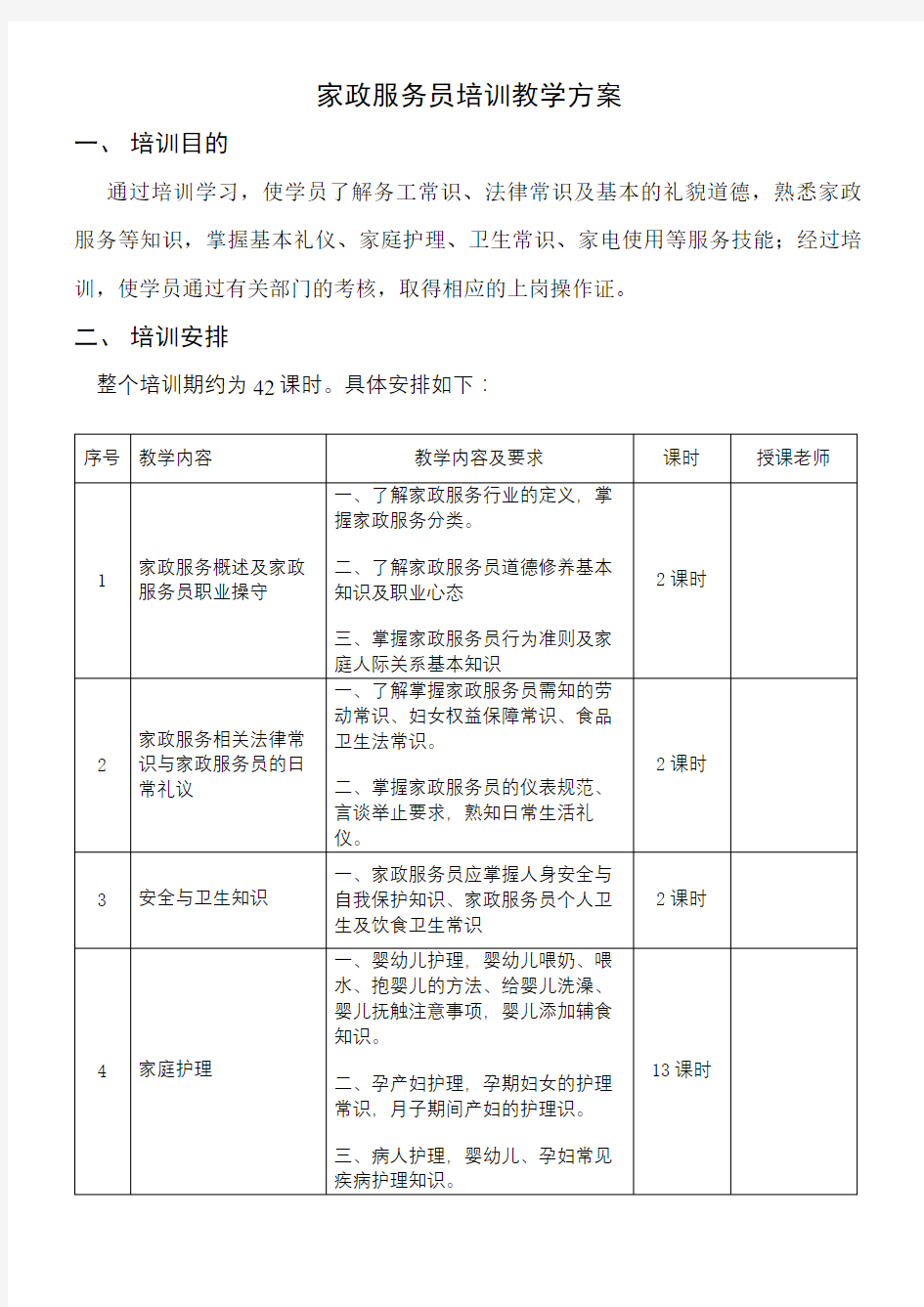 家政服务员培训教学计划培训资料