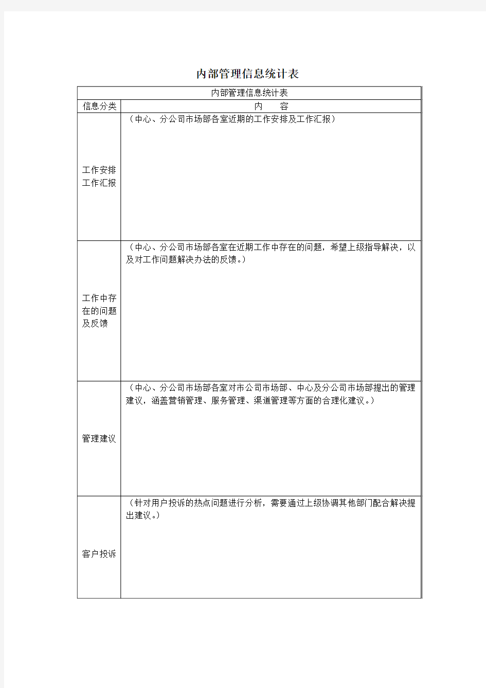 企业内部管理信息统计表