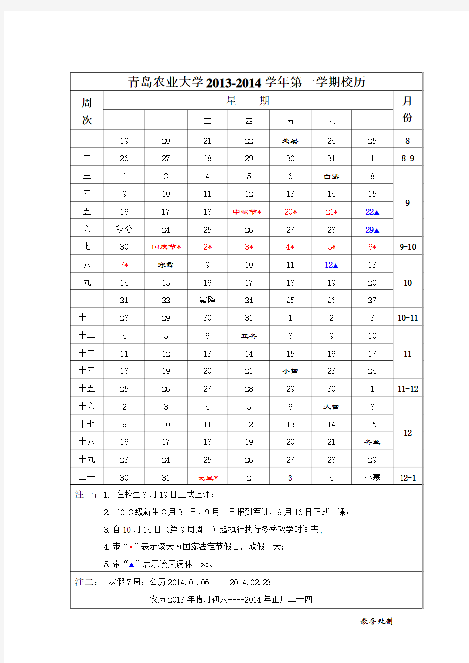 青岛农业大学2013-2014学年第一学期校历