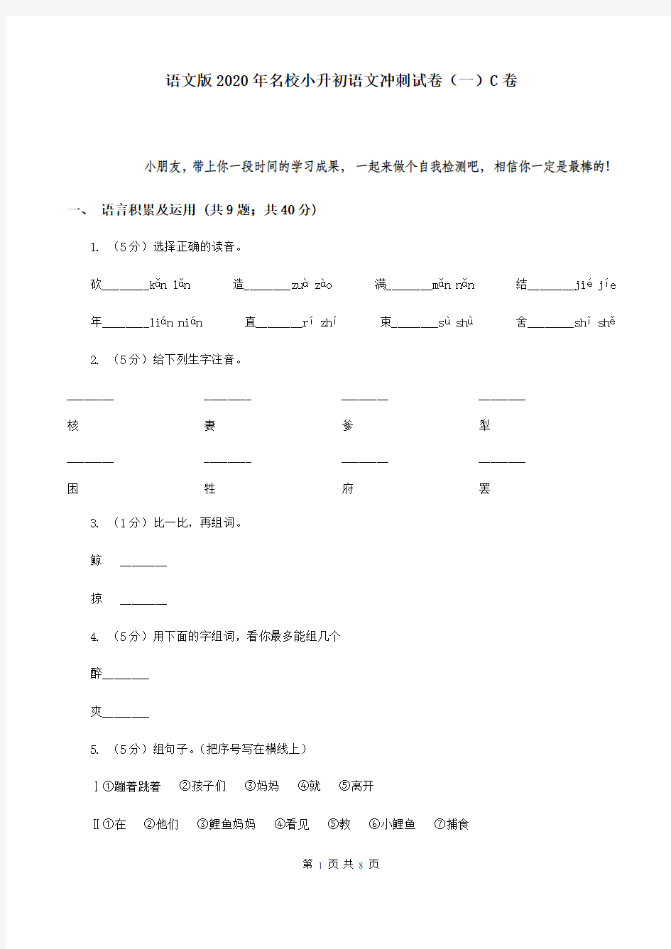 语文版2020年名校小升初语文冲刺试卷(一)C卷