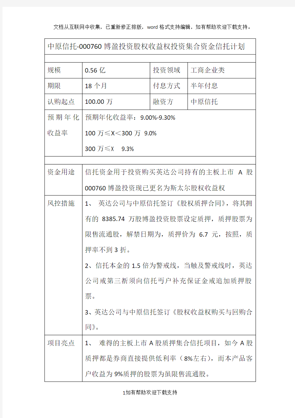 中原信托000760博盈投资股权收益权投资集合资金信托计划