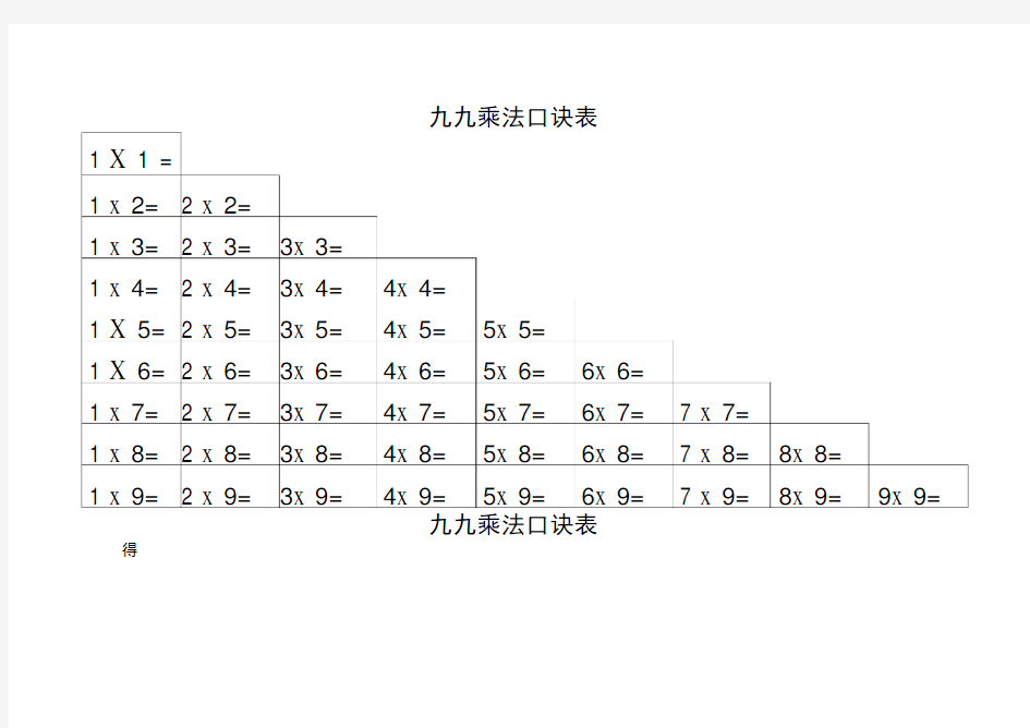 九九乘法口诀表填空练习