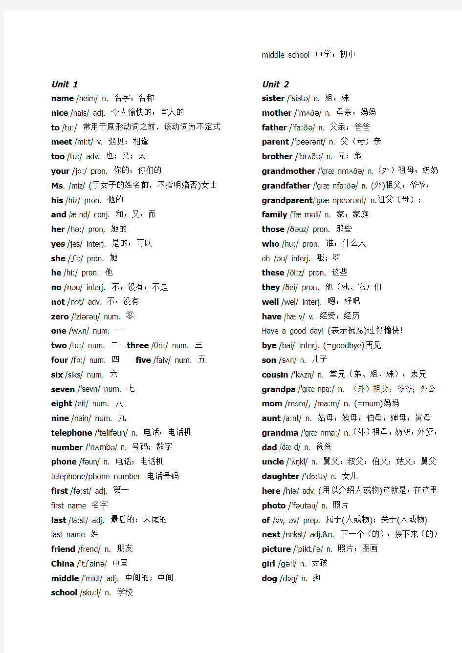 人教版七年级上下册英语单词表-含音标