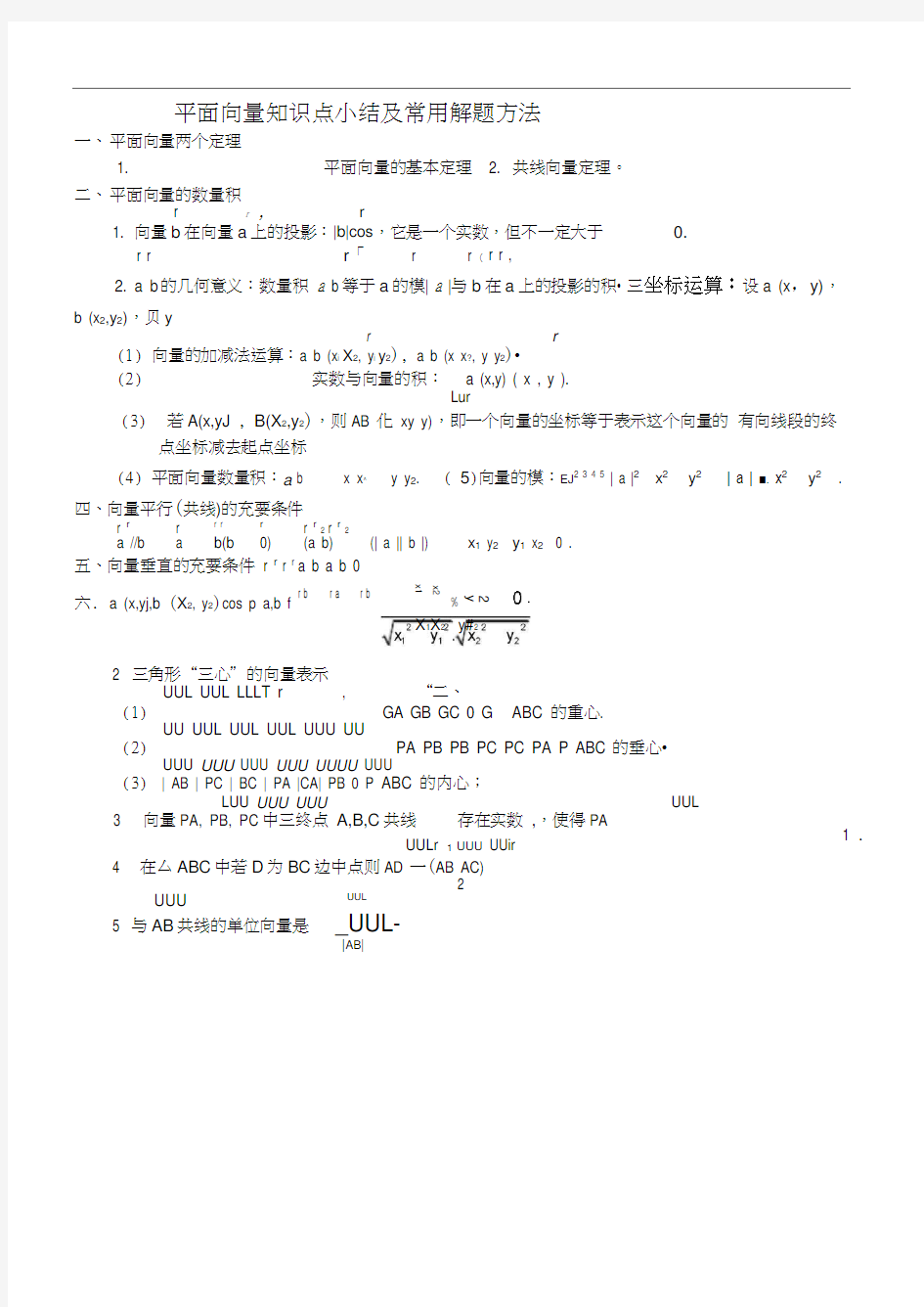 平面向量知识点及方法总结总结