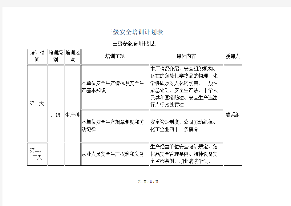 安全培训  三级安全培训计划表