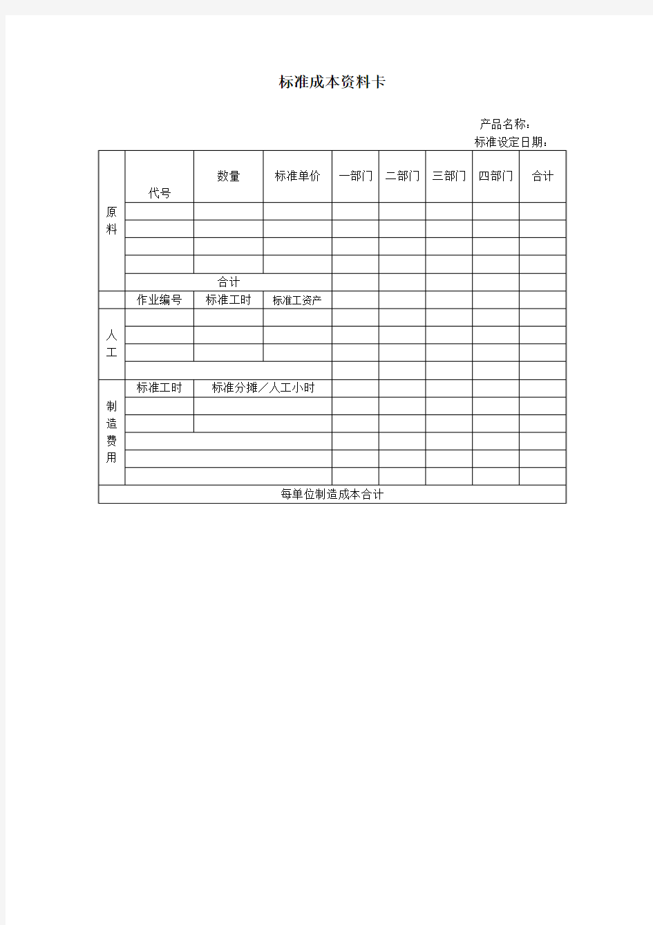 标准成本资料卡(doc格式)