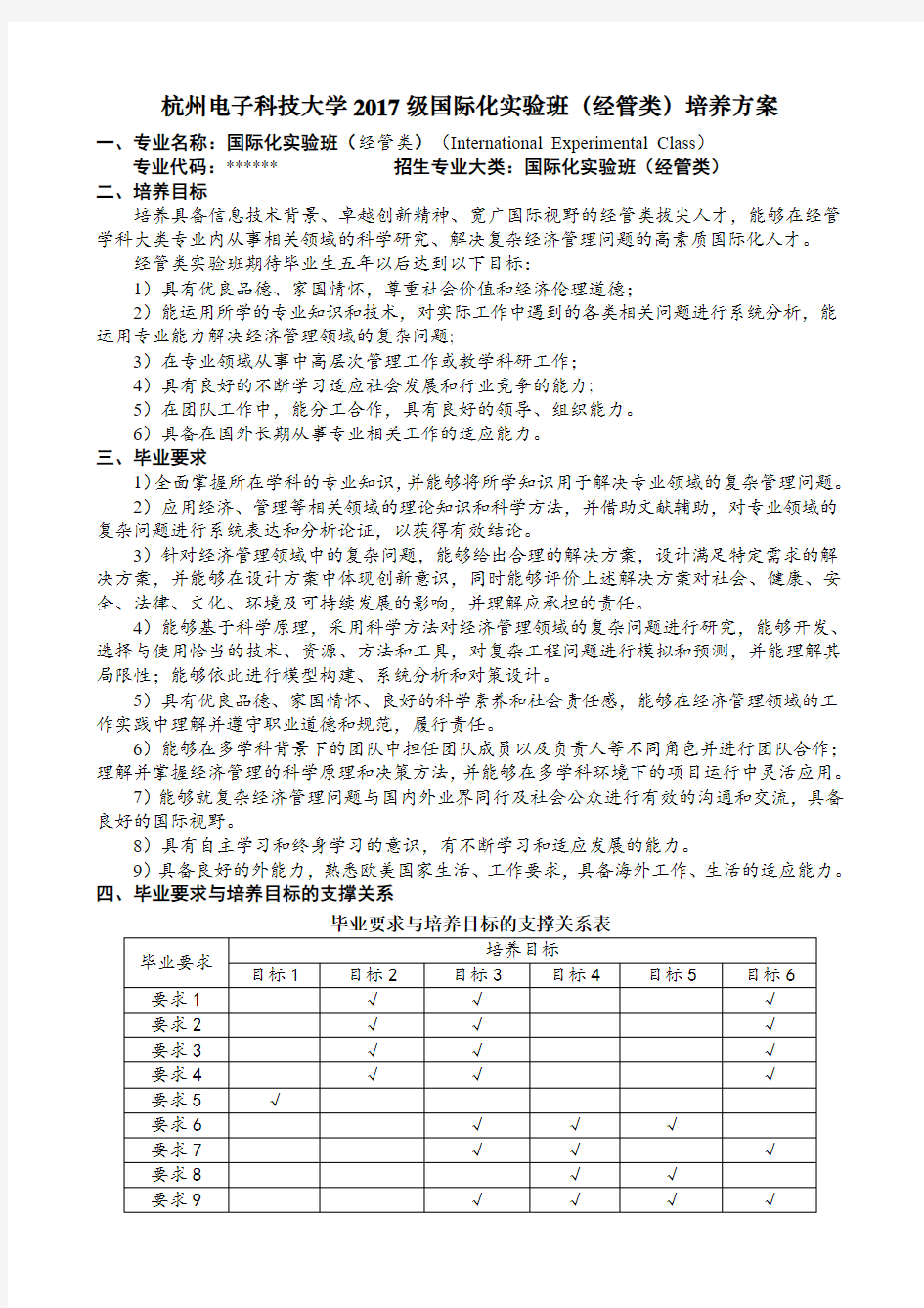杭州电子科技大学2017级国际化实验班(经管类)培养方案