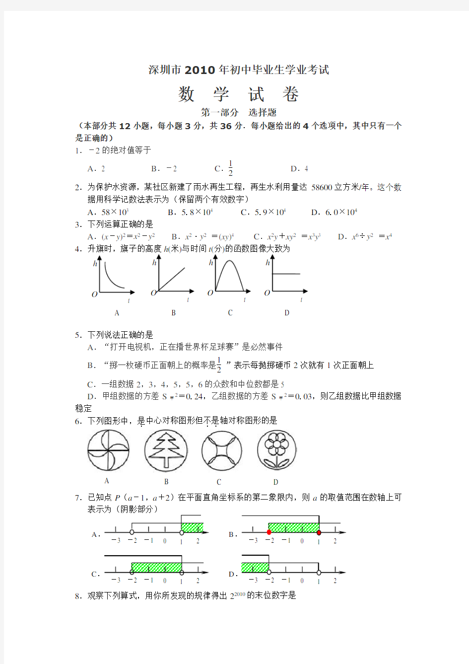 年深圳中考数学试题及复习资料