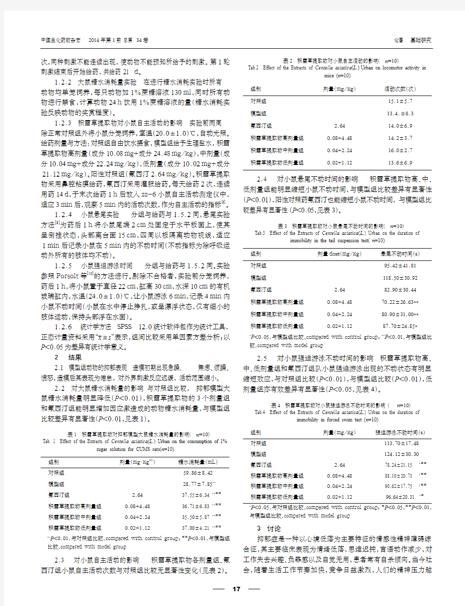 积雪草提取物对抑郁模型动物行为的影响