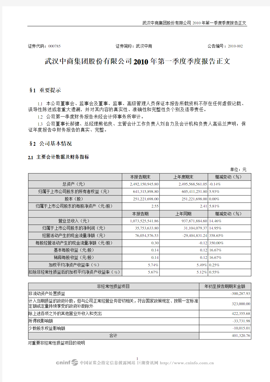 武汉中商：2010年第一季度报告正文 2010-04-28