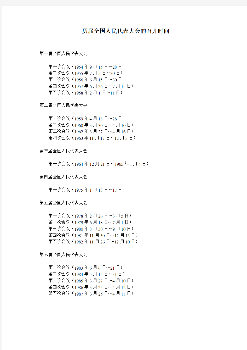 历届全国人民代表大会召开时间