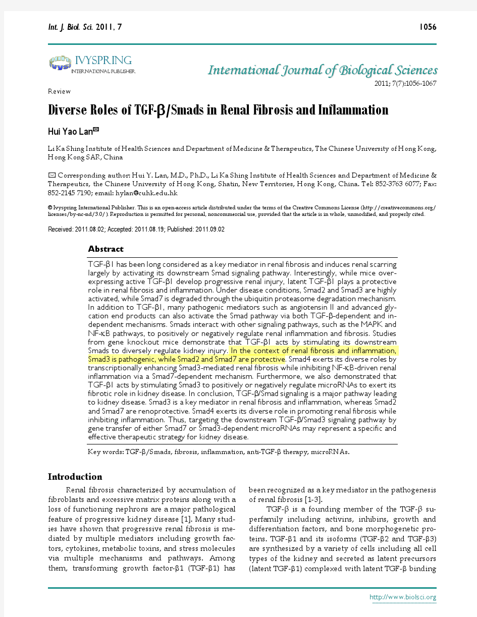 Diverse Roles of TGF-βSmads in  Renal Fibrosis and Inflammation