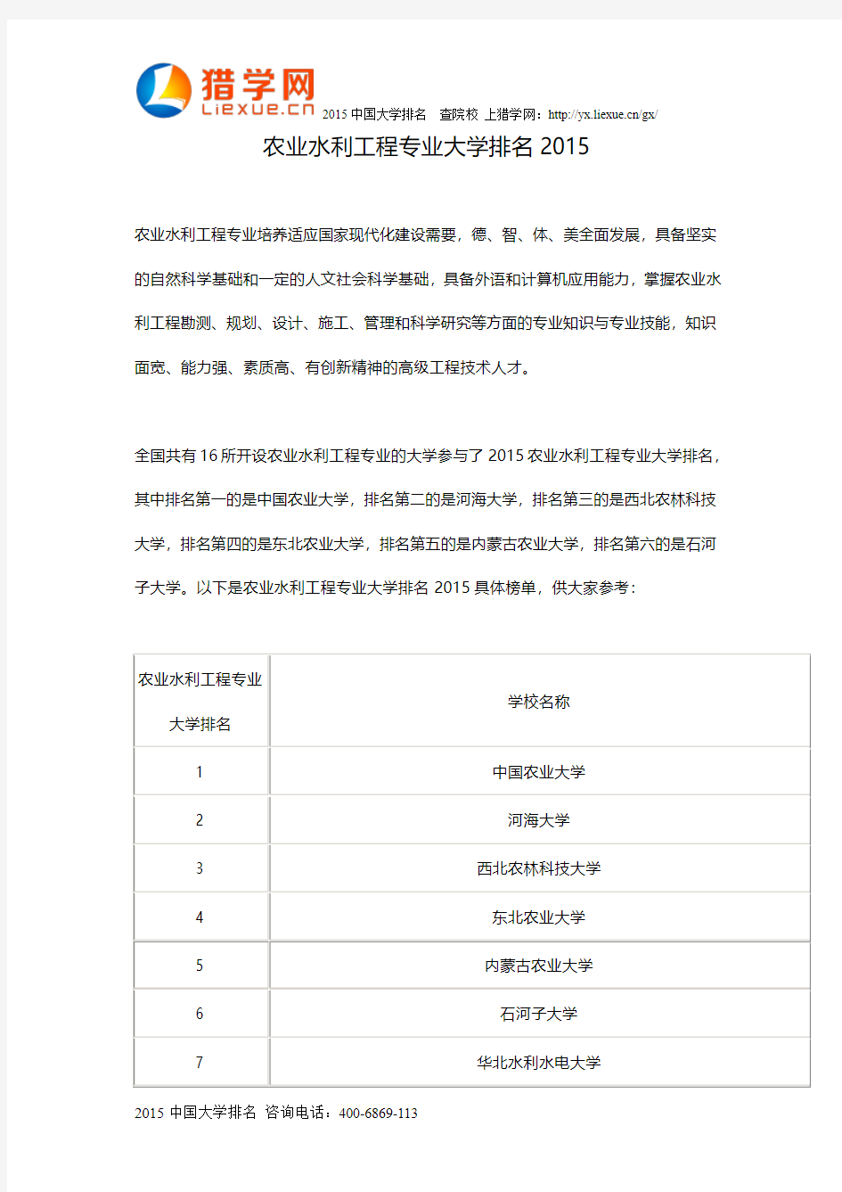 农业水利工程专业大学排名