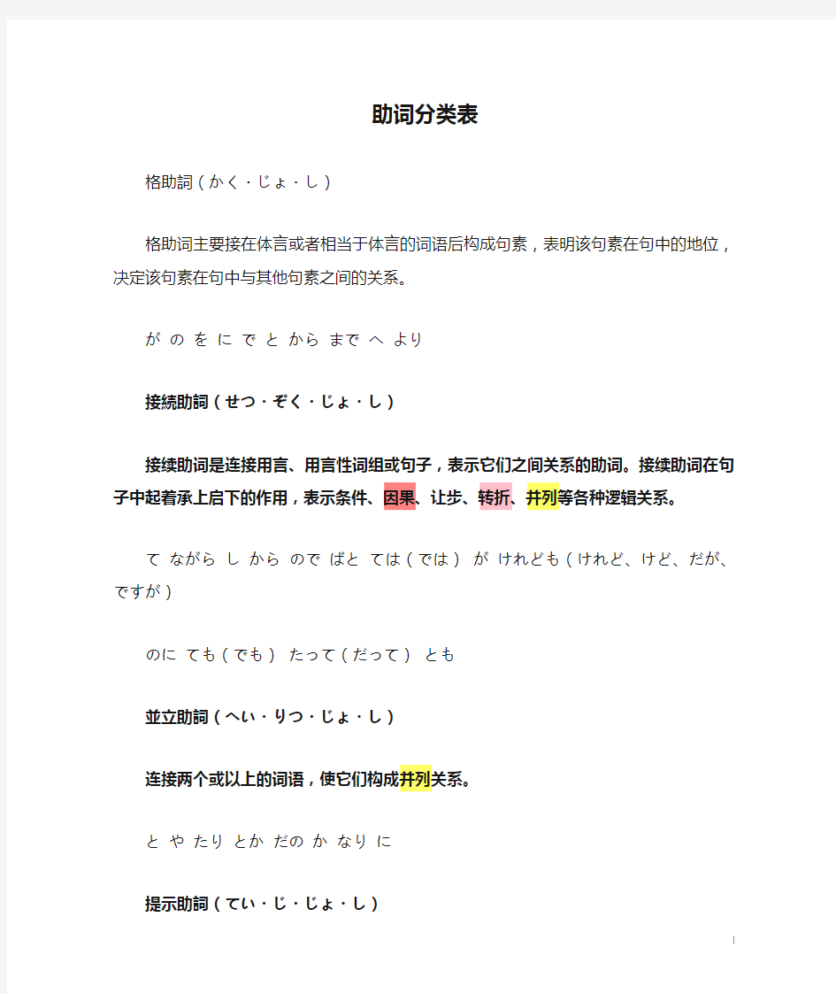 日语助词分类表