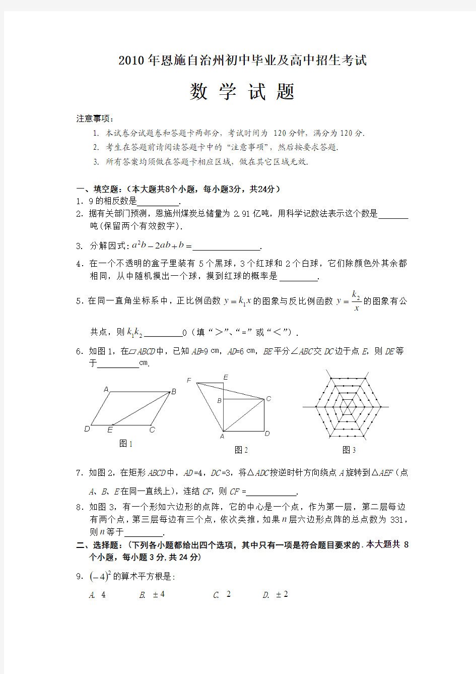 2010年湖北省恩施州中考数学试题及答案