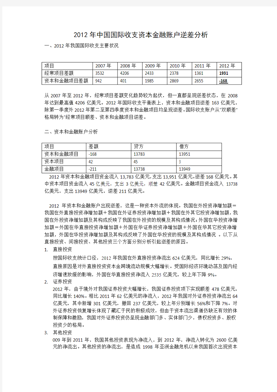 2012年中国国际收支资本金融账户逆差分析