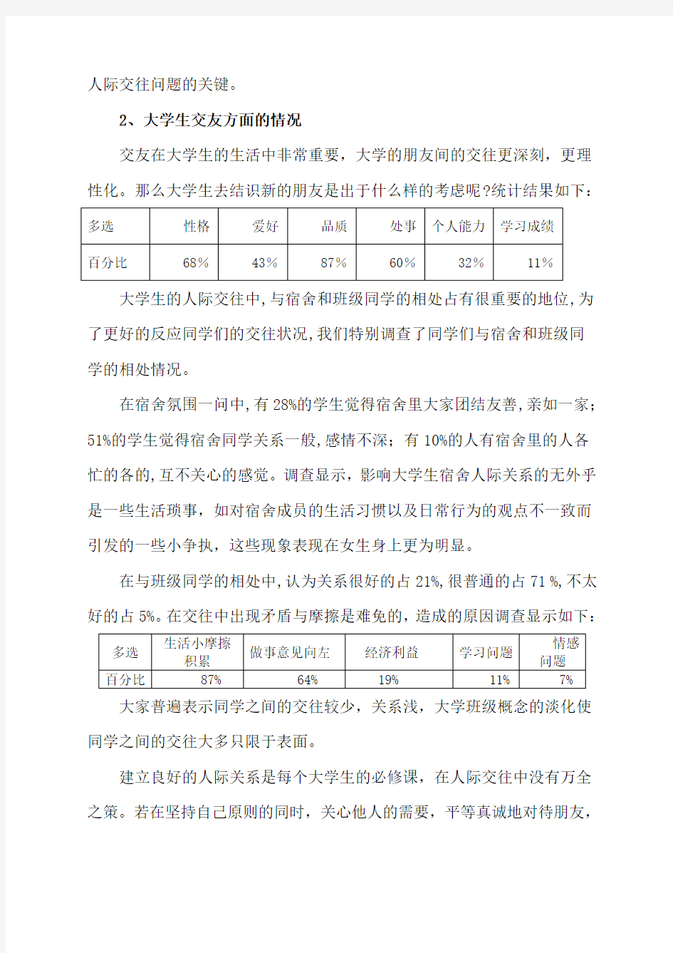 关于大学生人际交往的调查报告