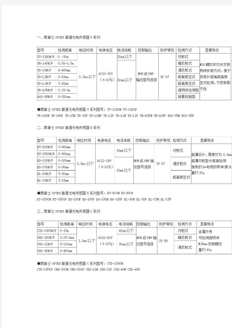 奥普士OPTEX普通光电传感器Y系列