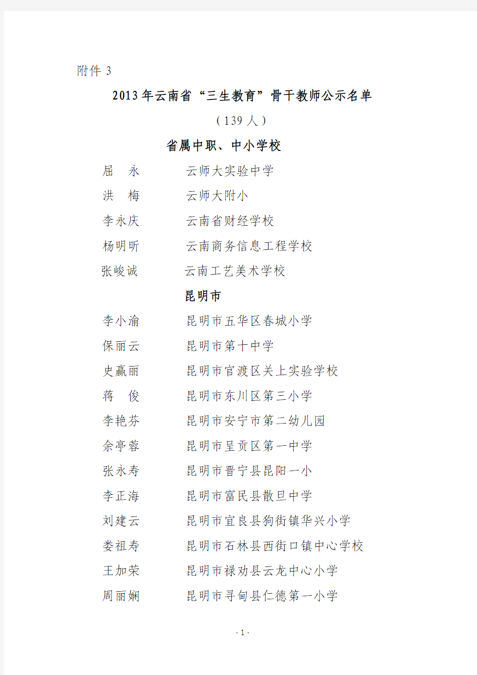 2013年云南省“三生教育”骨干教师公示名单