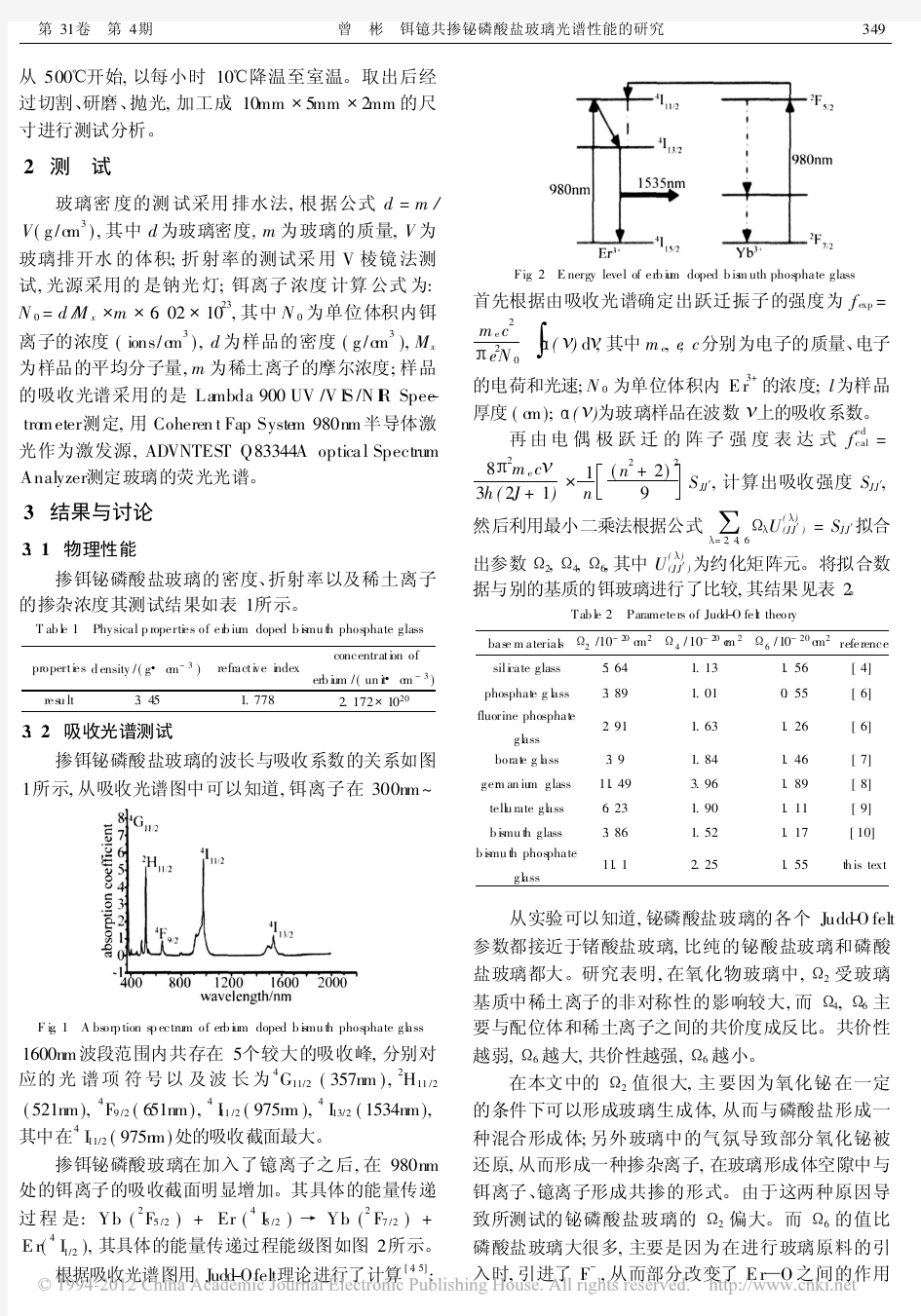 铒镱共掺铋磷酸盐玻璃光谱性能的研究