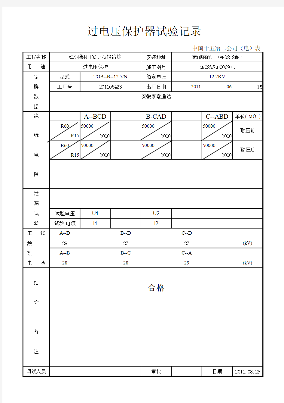 过电压保护器试验记录