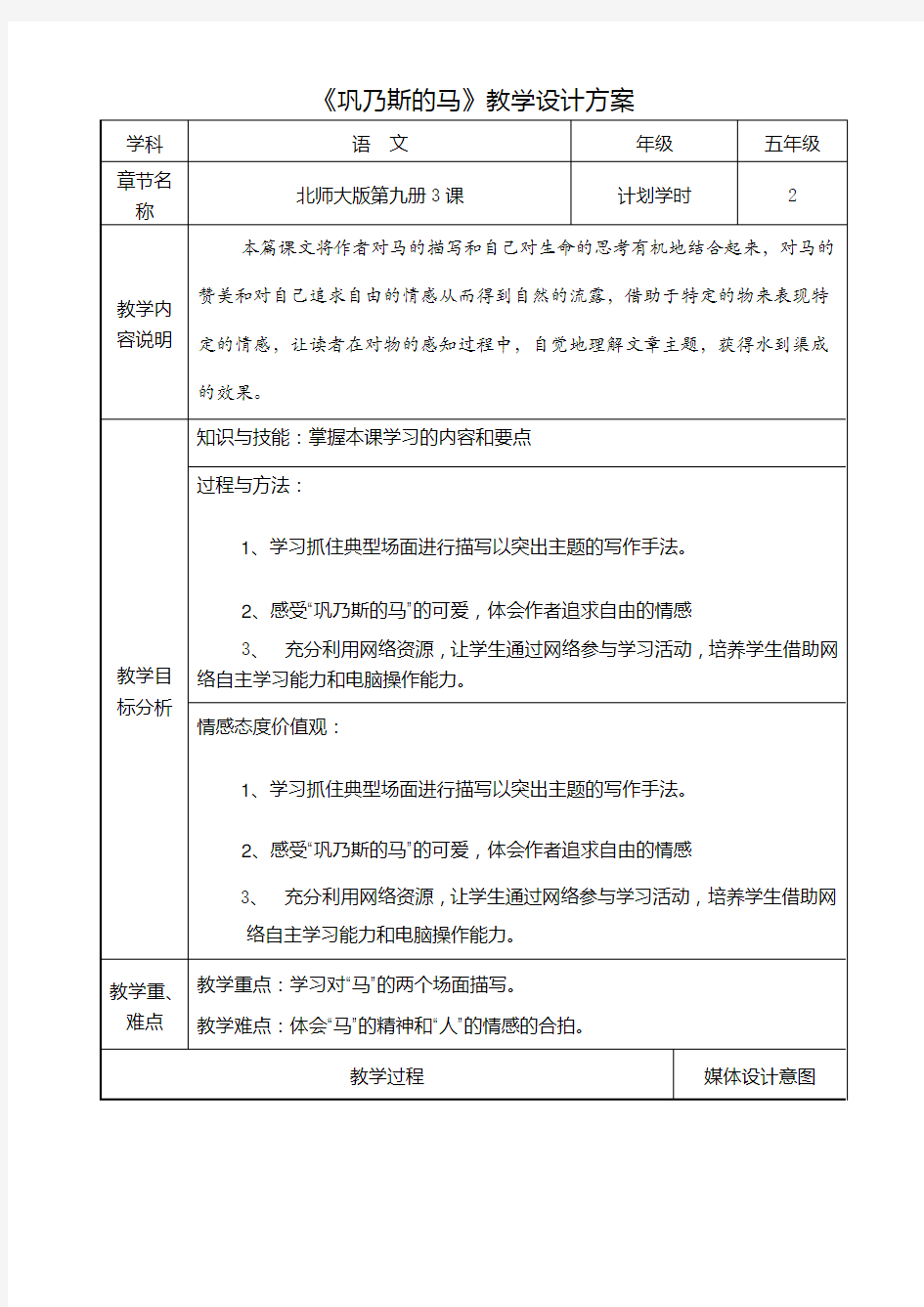 作业6《巩乃斯的马》教学设计方案