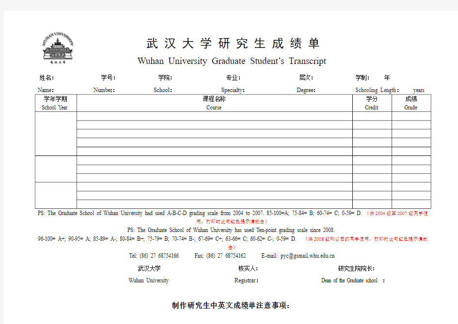 武汉大学研究生成绩单