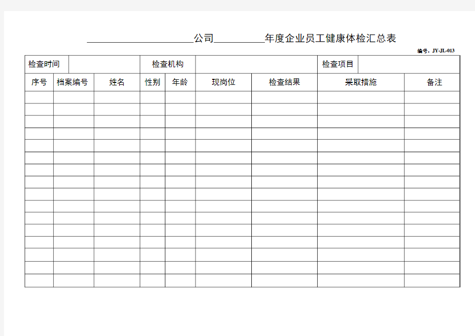 公司年度企业员工健康体检汇总表×