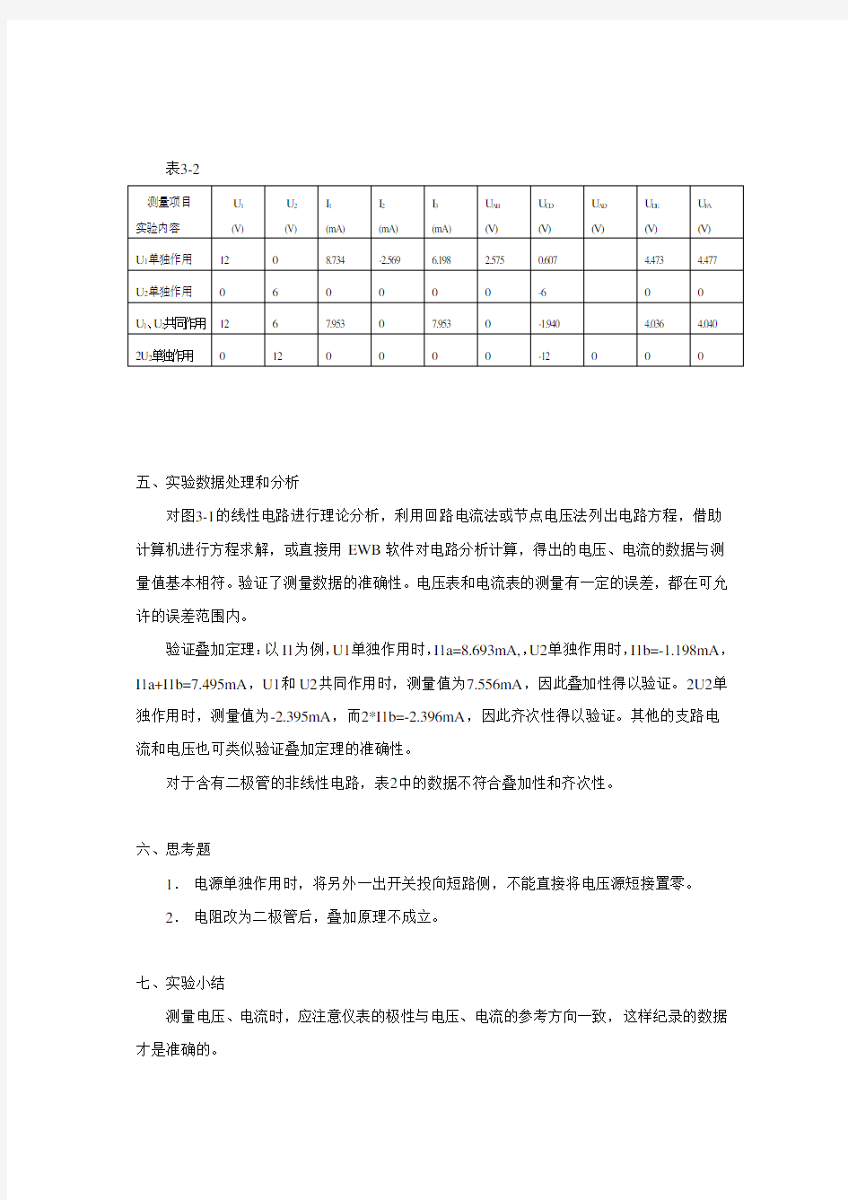 叠加原理-实验报告范文(含数据处理)