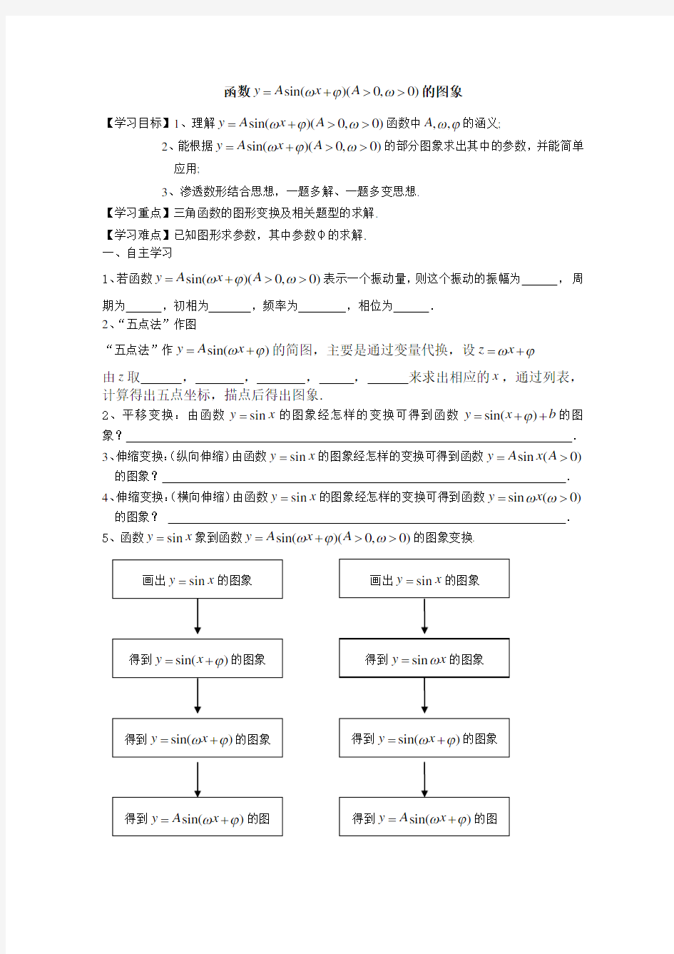 高一数学函数y=Asin(wx+φ)的图象与性质教案