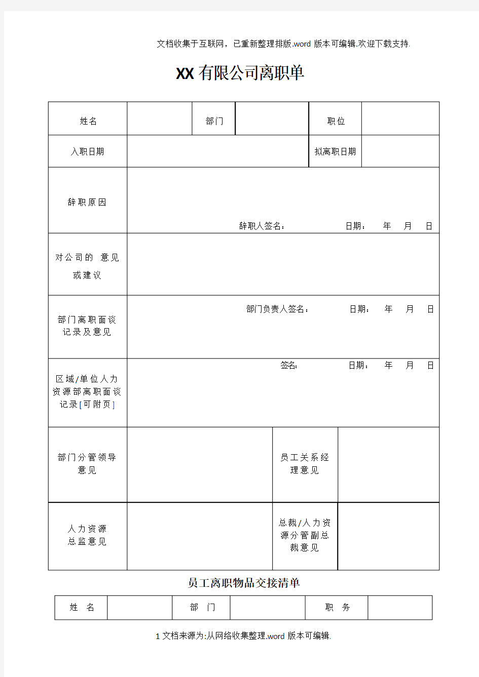 离职单表格(全)