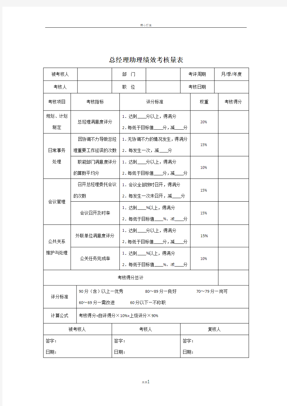 总经理助理绩效考核量表