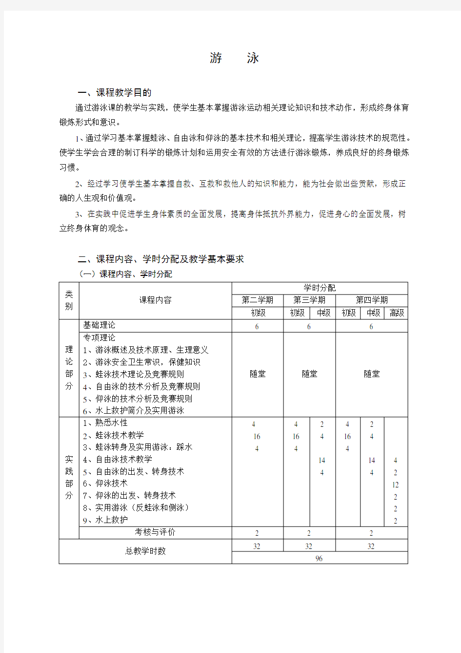 游泳课程教学大纲